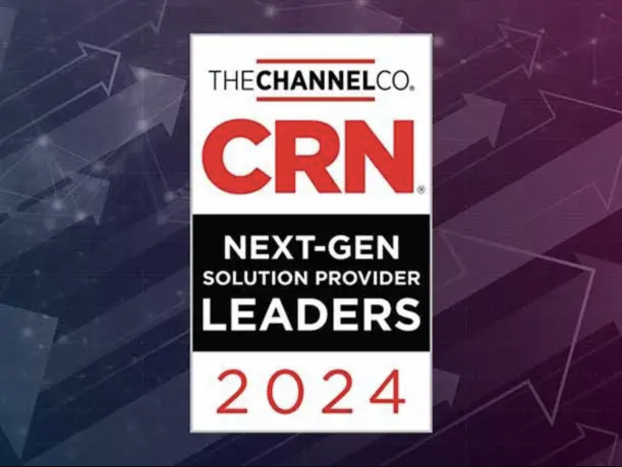 CRN Next-Gen Solution Provider Leaders 2024 award logo featuring MDSi, set against a dynamic background of upward-pointing arrows and a geometric pattern.